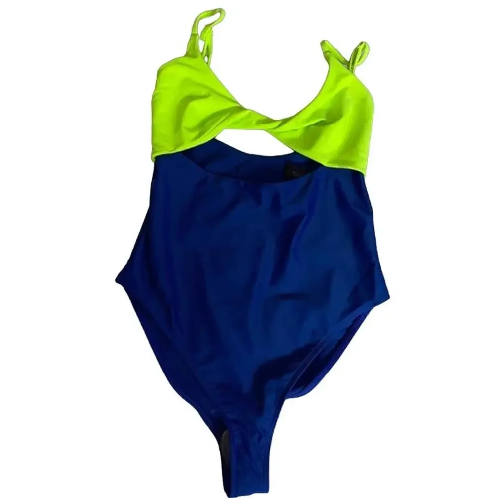 FREE PEOPLE BEACH RIOT Blue Green Two Tone Cutout One Piece Tankini Swimsuit M